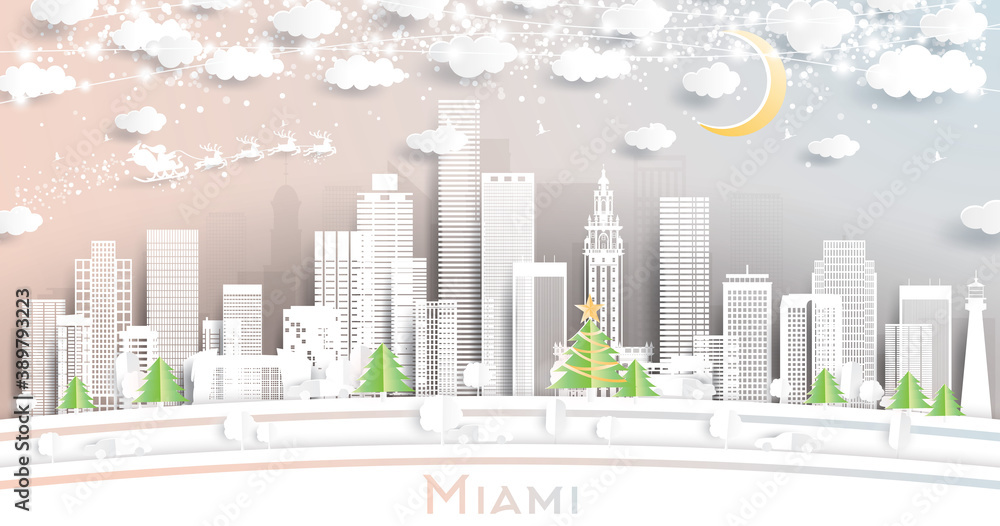 Miami Florida City Skyline in Paper Cut Style with Snowflakes, Moon and Neon Garland.