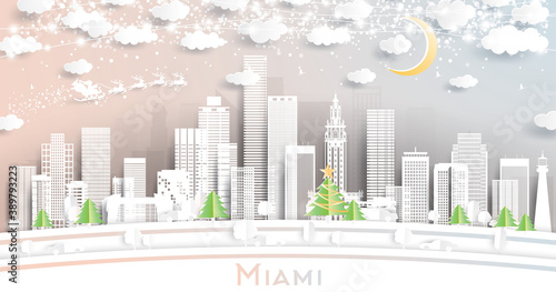Miami Florida City Skyline in Paper Cut Style with Snowflakes, Moon and Neon Garland.