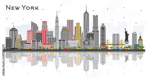New York USA City Skyline with Gray Skyscrapers and Reflections Isolated on White.
