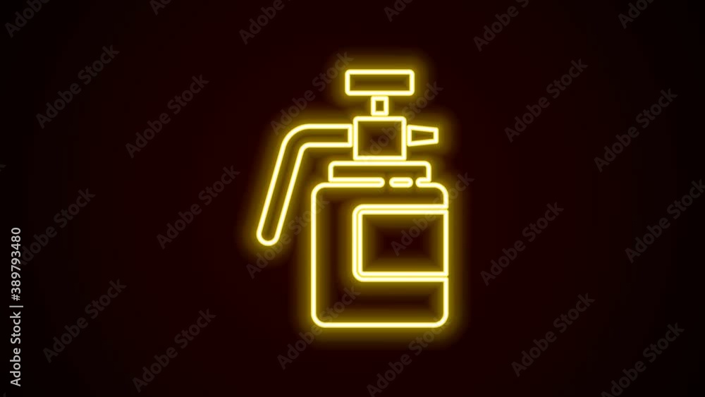 Glowing neon line Garden sprayer for water, fertilizer, chemicals icon isolated on black background. 4K Video motion graphic animation Glowing neon line Garden sprayer for water, fertilizer, chemicals icon isolated on black background. 4K Video motion graphic animation