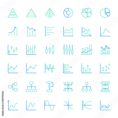 Set of graph and chart colored line style Icons. Contains such Icons as diagram, data, business, information, statistic, presentation, growth, stats, financial And Other Elements. 