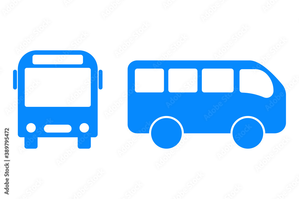 Blue vector bus icon. Public transport silhouette. Front and side views of the bus. Stock image. EPS10