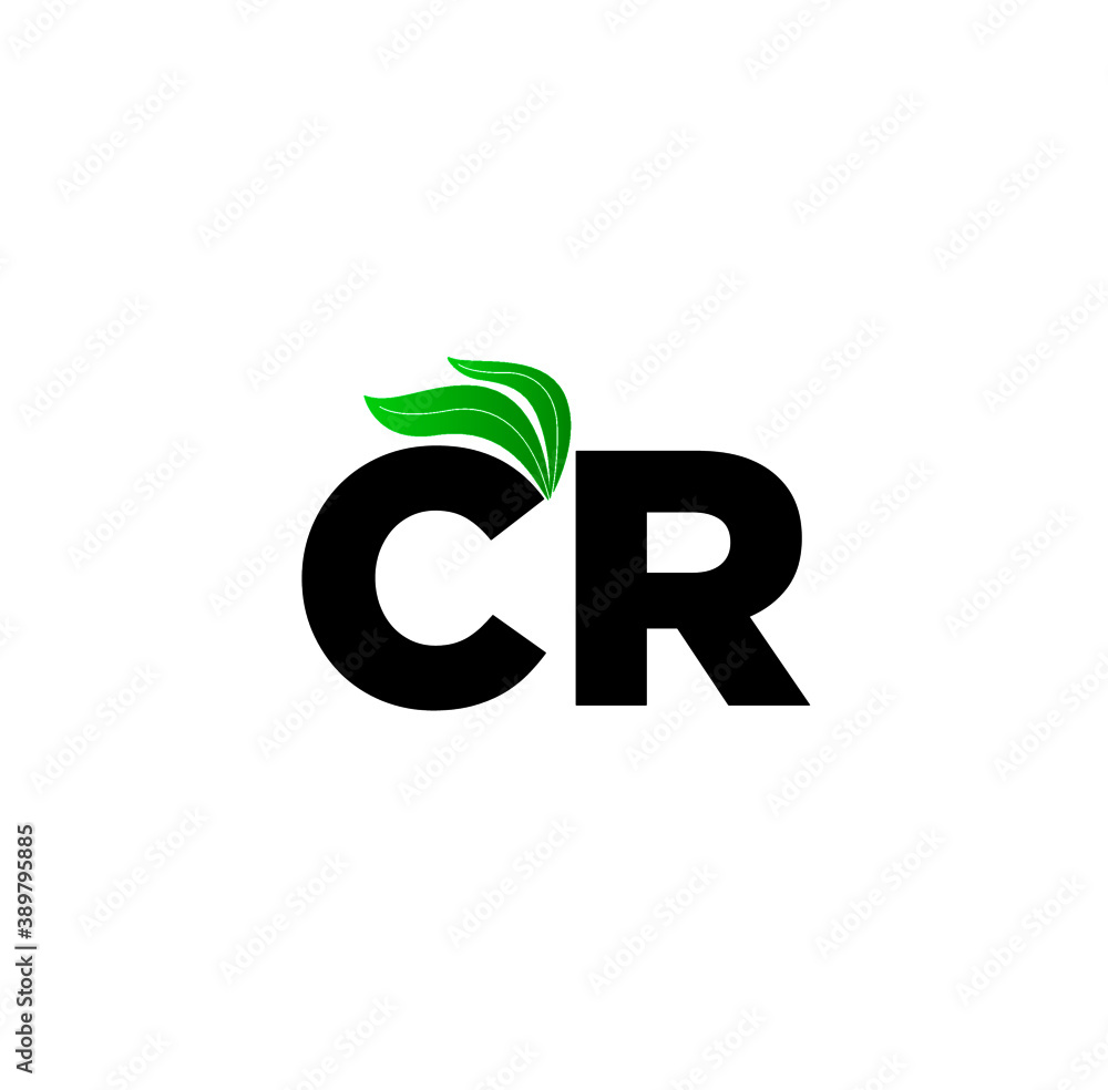 CR Letters with green leaves. C R logo in black colour. CR Letters with green leaves. C R logo in black colour.