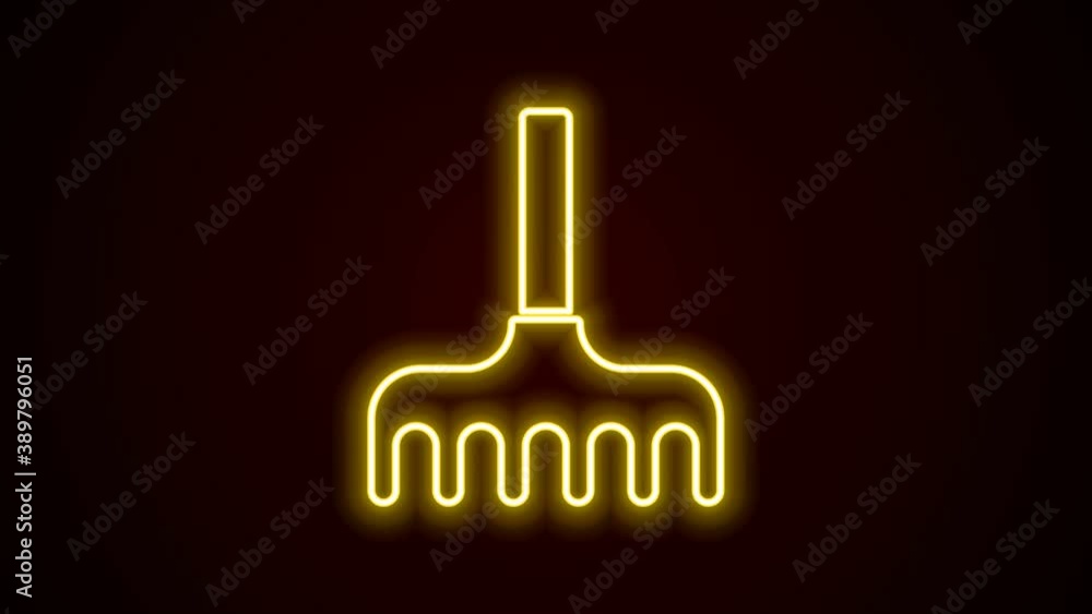 Glowing neon line Garden rake icon isolated on black background. Tool for horticulture, agriculture, farming. Ground cultivator. 4K Video motion graphic animation Glowing neon line Garden rake icon isolated on black background. Tool for horticulture, agriculture, farming. Ground cultivator. 4K Video motion graphic animation