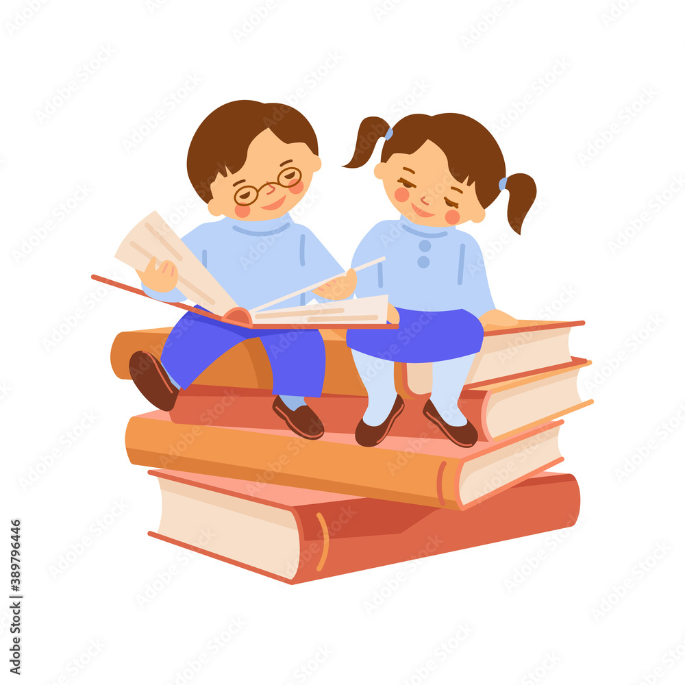 A boy and a girl are sitting on a stack of books and reading a book together. Vector illustration in cartoon flat style. A boy and a girl are sitting on a stack of books and reading a book together. Vector illustration in cartoon flat style.