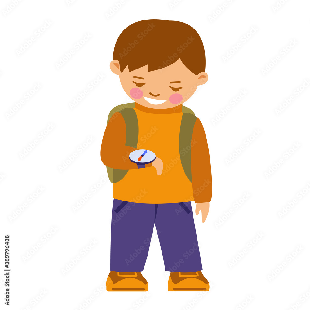 Boy with a compass and a backpack. Vector illustration in flat style. Isolated on white. Boy with a compass and a backpack. Vector illustration in flat style. Isolated on white.