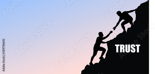 Silhouette of two men hiker helping each other on top of mountain. Teamwork hiking help each other trust assistance.