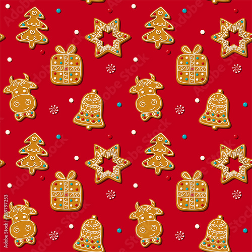 Seamless pattern with gingerbread cookies on red background. Vector illustration
