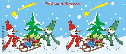 snowmen at christmas, find six differences, vector illustration