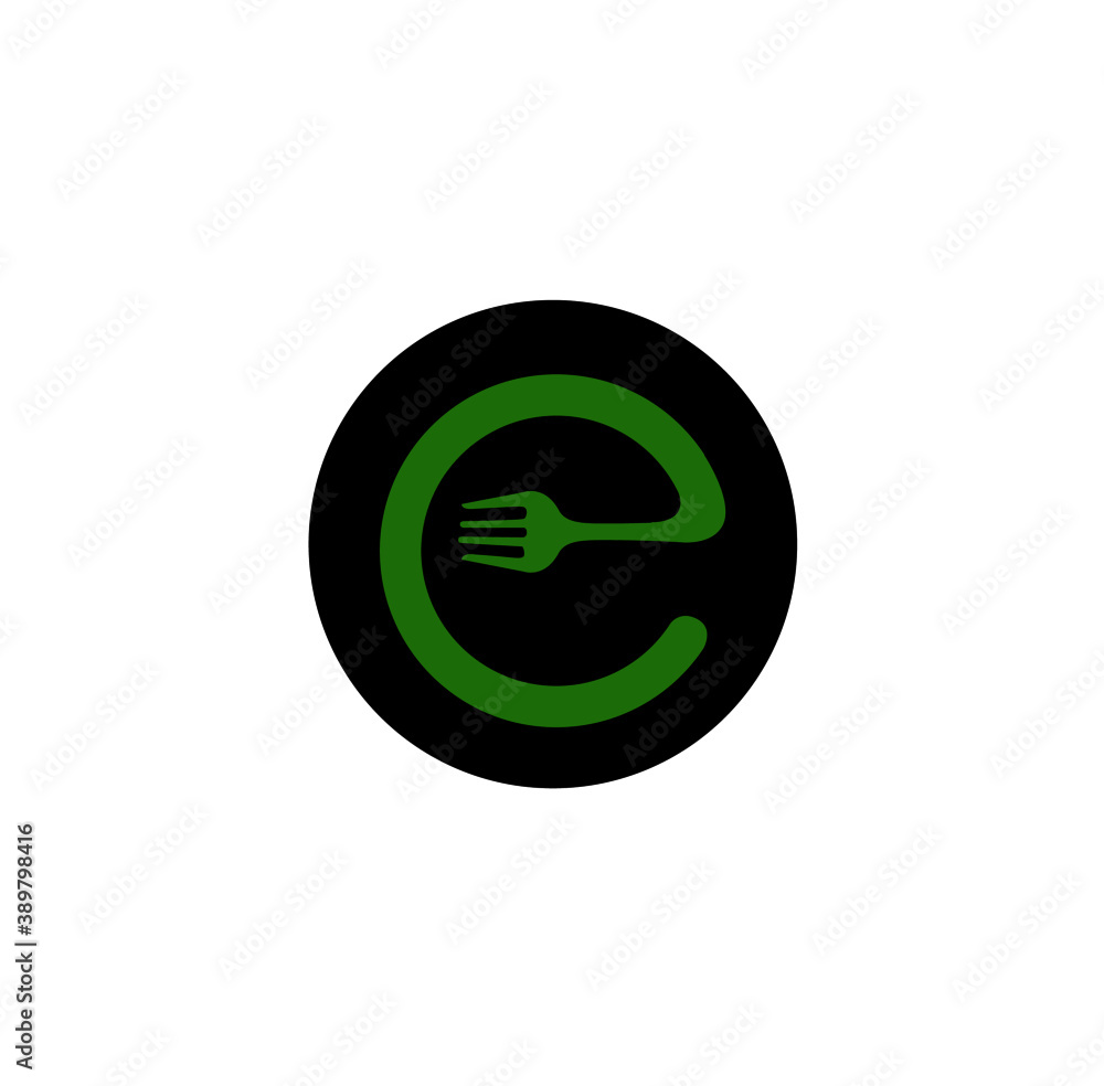e letter with green Fork. e restaurant logo monogram. letter e with Fork. Spoon with the letter. e letter with green Fork. e restaurant logo monogram. letter e with Fork. Spoon with the letter.