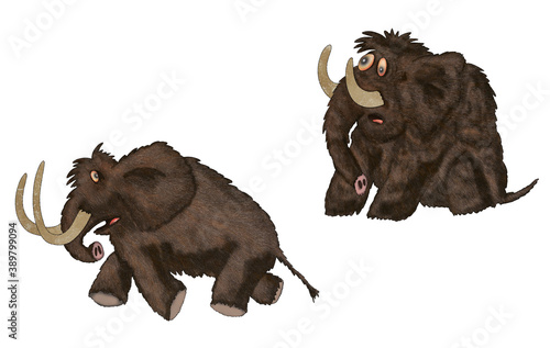 Mammoth in two versions. Cartoon illustration on a white background.