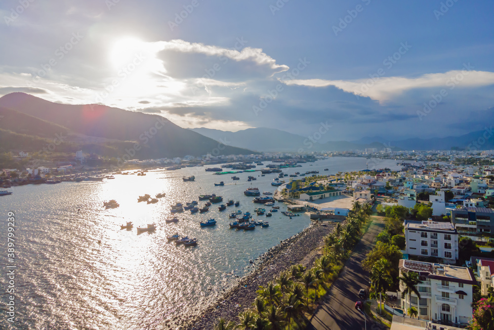 Mountains, river and city of Nha Trang, view from a drone