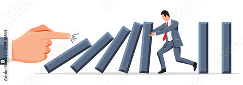 Businessman stopping domino effect. Business man stops falling dominoes. Finishing chain reaction. Successful intervention, solution. Cartoon flat vector illustration