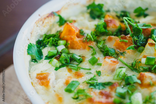 Wallpaper Mural Top view of a traditional pumpkin pie with turkey and baked vegetables in a white dish on a wooden board. Torontodigital.ca