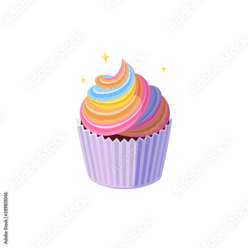 Rainbow cupcake with colorful icing. Shining fairy cake in paper cup. Tasty dessert with rainbow colored frosting. Vector illustration in cute cartoon style