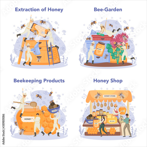 Hiver or beekeeper concept set. Professional farmer with hive and honey