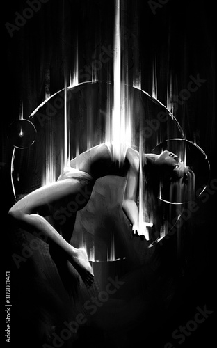 Canvas Print A young girl mystically gracefully rises into the sky, she is surrounded by magic circles, rays of the soul directed vertically upward fly out of her eyes and chest