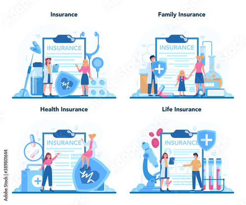 Health insurance concept set. People and doctor standing at the big