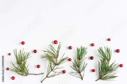 Christmas background with cranberries and pine branches on a white backdrop. Top view, flat lay, copy space