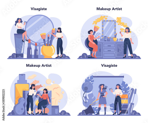 Visagiste concept set. Beauty center service concept. Woman applying