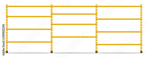 Metal yellow standing rack. Empty metallic storage shelves isolated on white. Warehouse equipment and tools. Logistic and delivery, store interior parts. Cartoon flat vector illustration