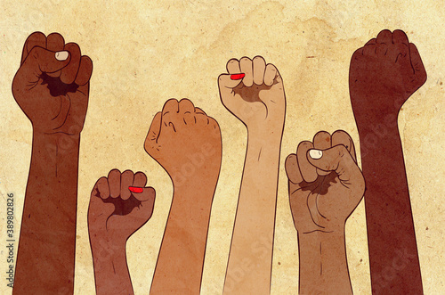 Fists raised up textured banner photo