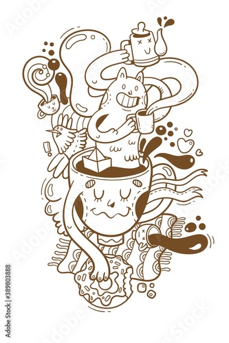 Card with cute cartoon cat drinking coffee. Funny mugs and cups. Tea time print. Vector contour image. Doodle line art.