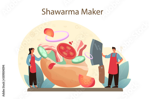 Shawarma street food concept. Chef cooking delicious roll