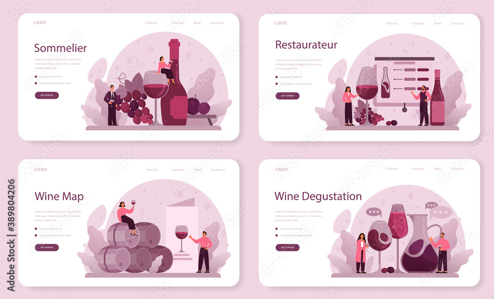 Sommelier web banner or landing page set. Specialist with a bottle