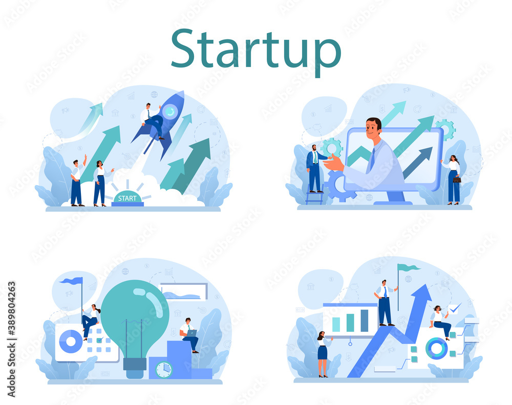 Startup concept set. New business launching. Idea of project planning, Startup concept set. New business launching. Idea of project planning,