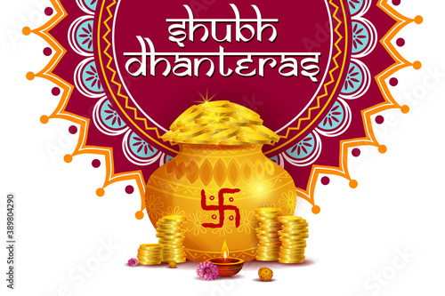 Happy Dhanteras Diwali light festival of India greeting background in vector photo