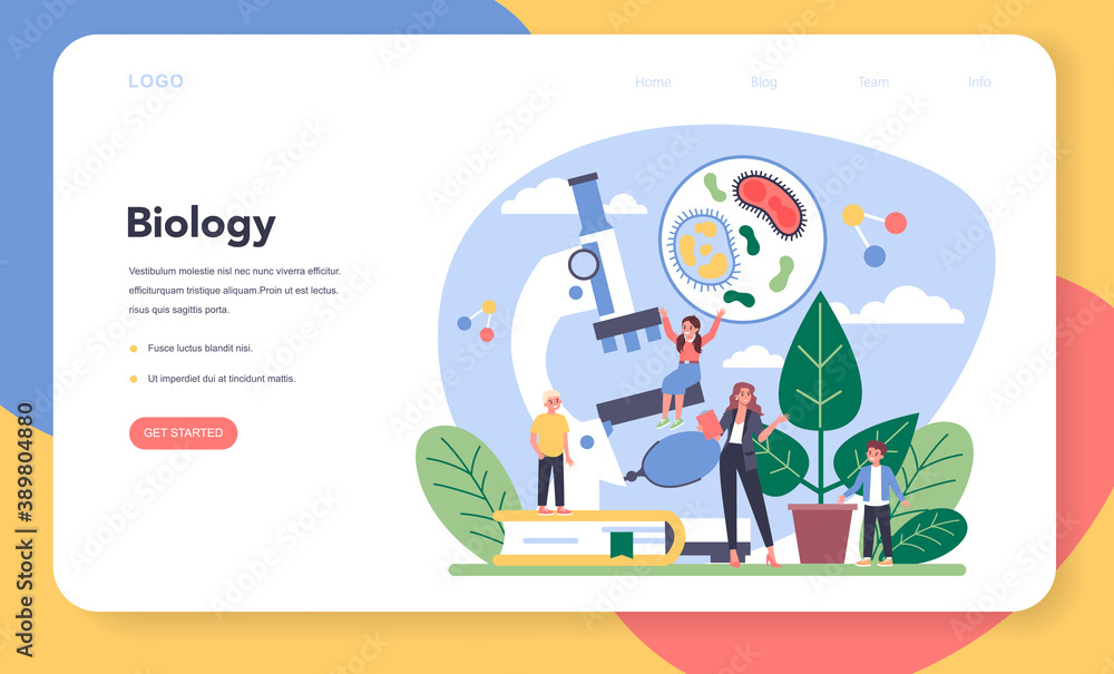 Biology school subject web banner or landing page. Scientist exploring