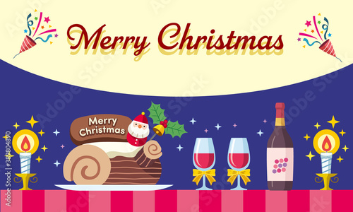 ビュッシュ・ド・ノエルケーキとワインのクリスマスパーティーセットのイラスト
