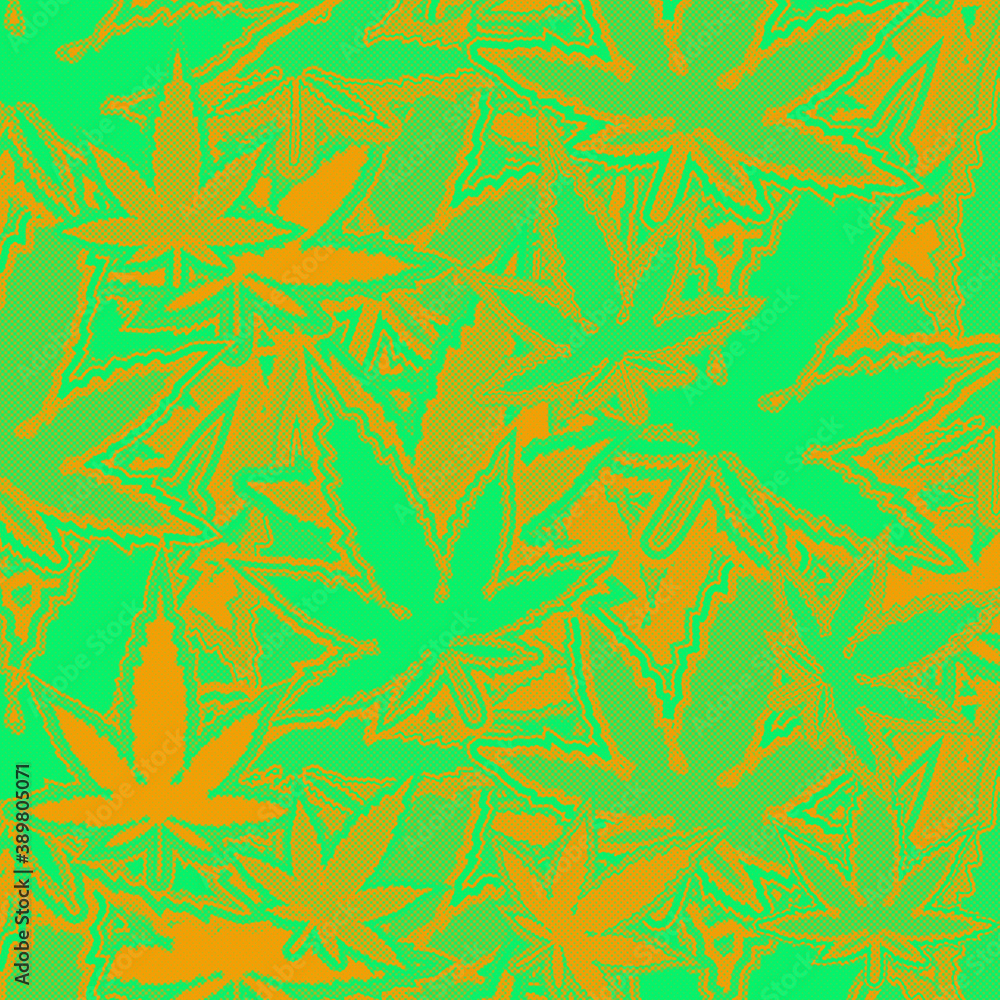 An abstract green and orange halftone cannabis leaf pattern background image. An abstract green and orange halftone cannabis leaf pattern background image.