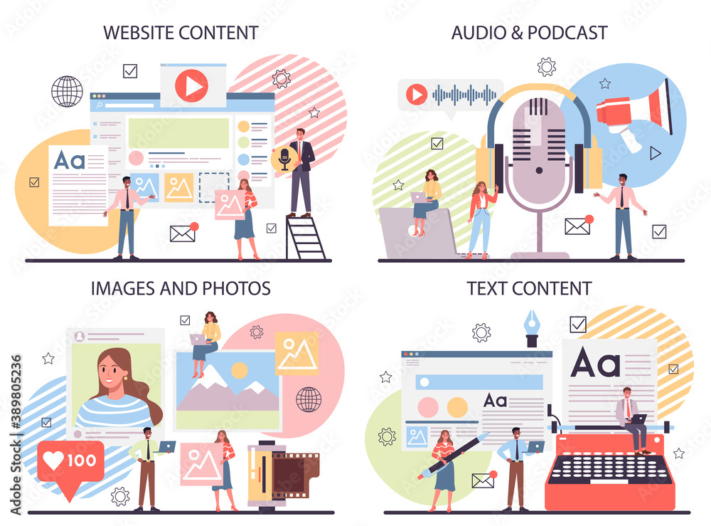 Website content concept set. Idea of digital strategy and content