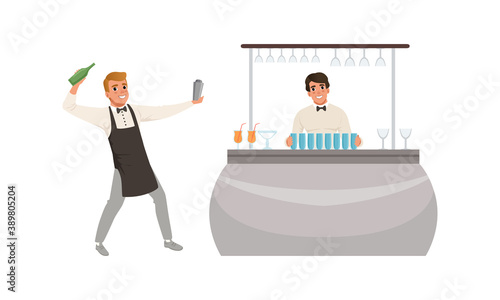 Man Bartender Standing at the Bar Counter Mixing and Shaking Alcoholic Cocktails Vector Illustration Set