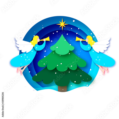 Merry Christmas Greetings Card with white Angels and Green Christmas tree. Winter holidays. Happy New Year. Star of Bethlehem - east comet. Circle bauble frame in paper cut style.