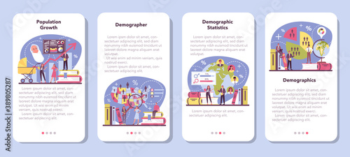 Demographer mobile application banner set. Scientist studying