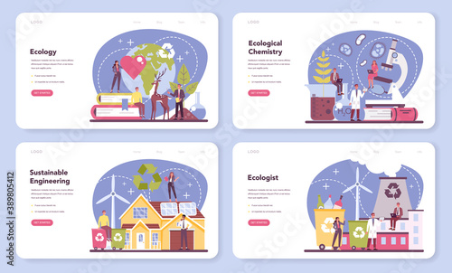 Ecologist web banner or landing page set. Scientist taking care