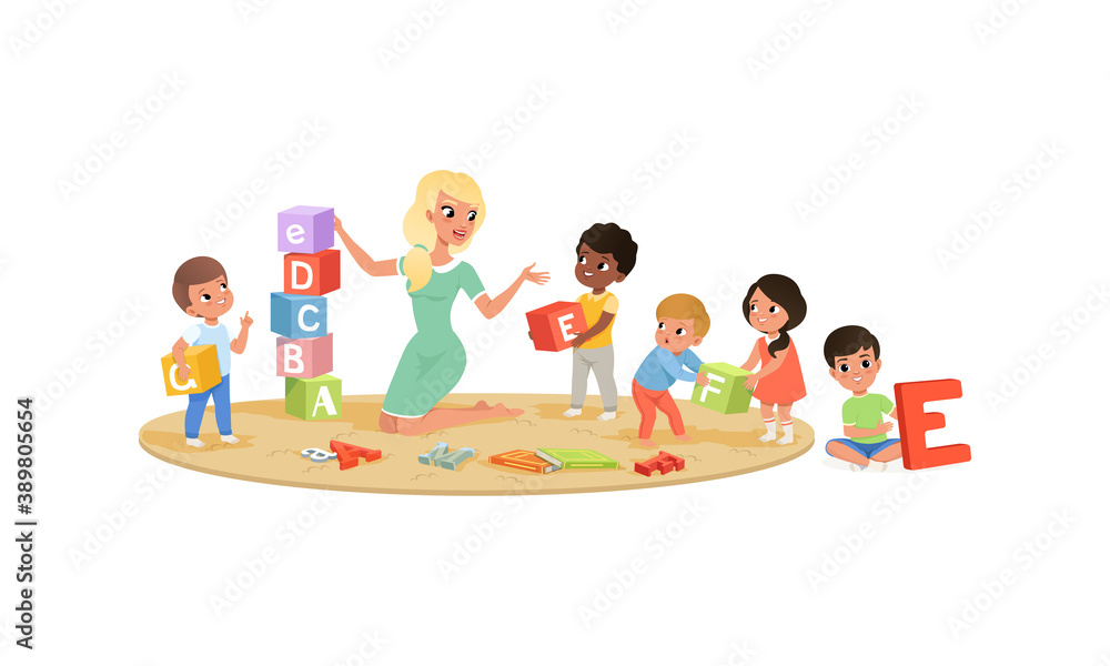 Little Kids Playing with Alphabet Blocks in Kindergarten Vector Illustration Little Kids Playing with Alphabet Blocks in Kindergarten Vector Illustration