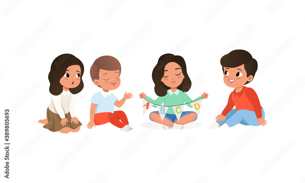 Young Girl Holding Abc Garland and Teaching Kid Alphabet Letters Vector Illustration Young Girl Holding Abc Garland and Teaching Kid Alphabet Letters Vector Illustration