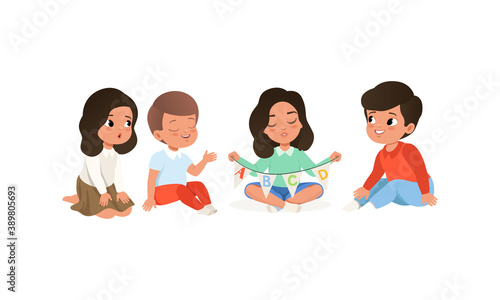 Young Girl Holding Abc Garland and Teaching Kid Alphabet Letters Vector Illustration