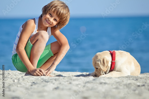 Happy boy playing with his dog on the seashore against the blue sky. Best friends have fun on vacation, play on the sand against the sea. High quality photo.