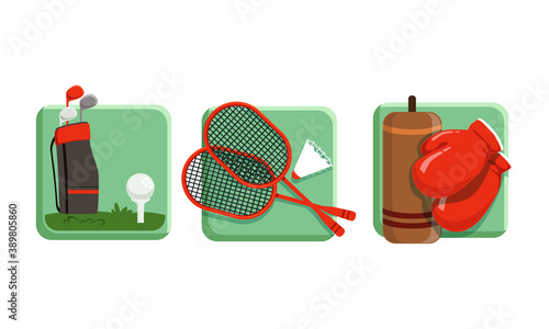 Sport Game Icons with Badminton Racket and Boxing Gloves Vector Set