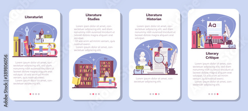 Professional literaturist mobile application banner set. Scientist studying