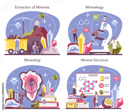Mineralogist concept set. Professional scientist studying natural