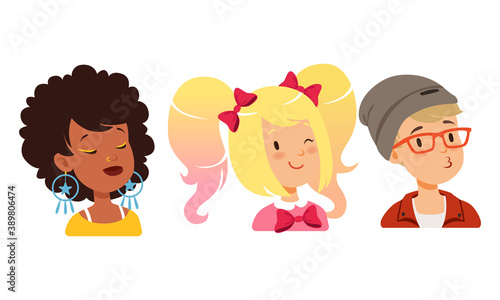Male and Female Avatars with Different Hairstyle and Makeup Vector Set