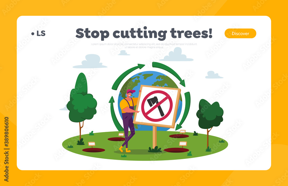 Fototapeta premium Reforestation. Environmental Agriculture to Save Earth Ecology Landing Page Template. Male Character Planting Forest