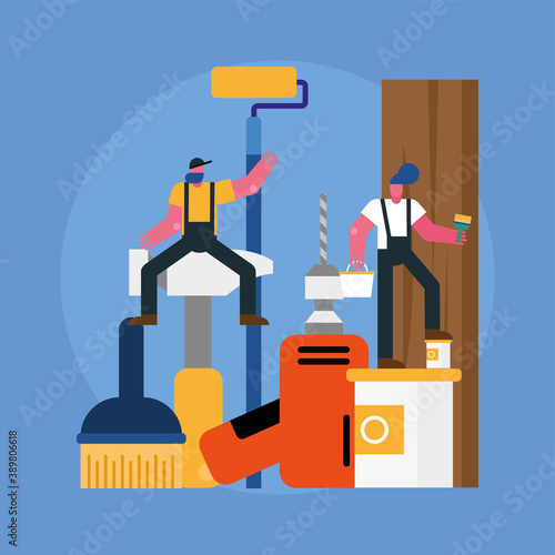 constructors workers team remodeling with equipment scene