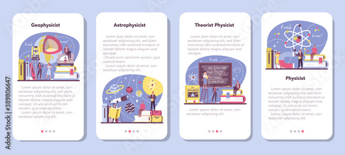 Physicist mobile application banner set. Scientist explore electricity